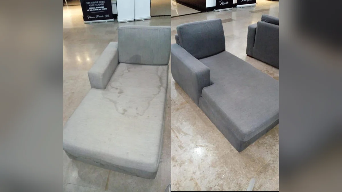 Antes y después del lavado profundo de un sofá chaise longue en tela