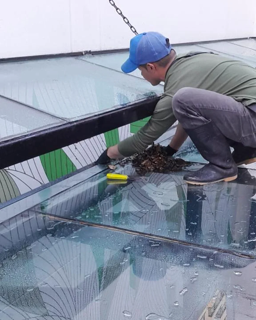 Operario retirando hojas y residuos de una cubierta de vidrio